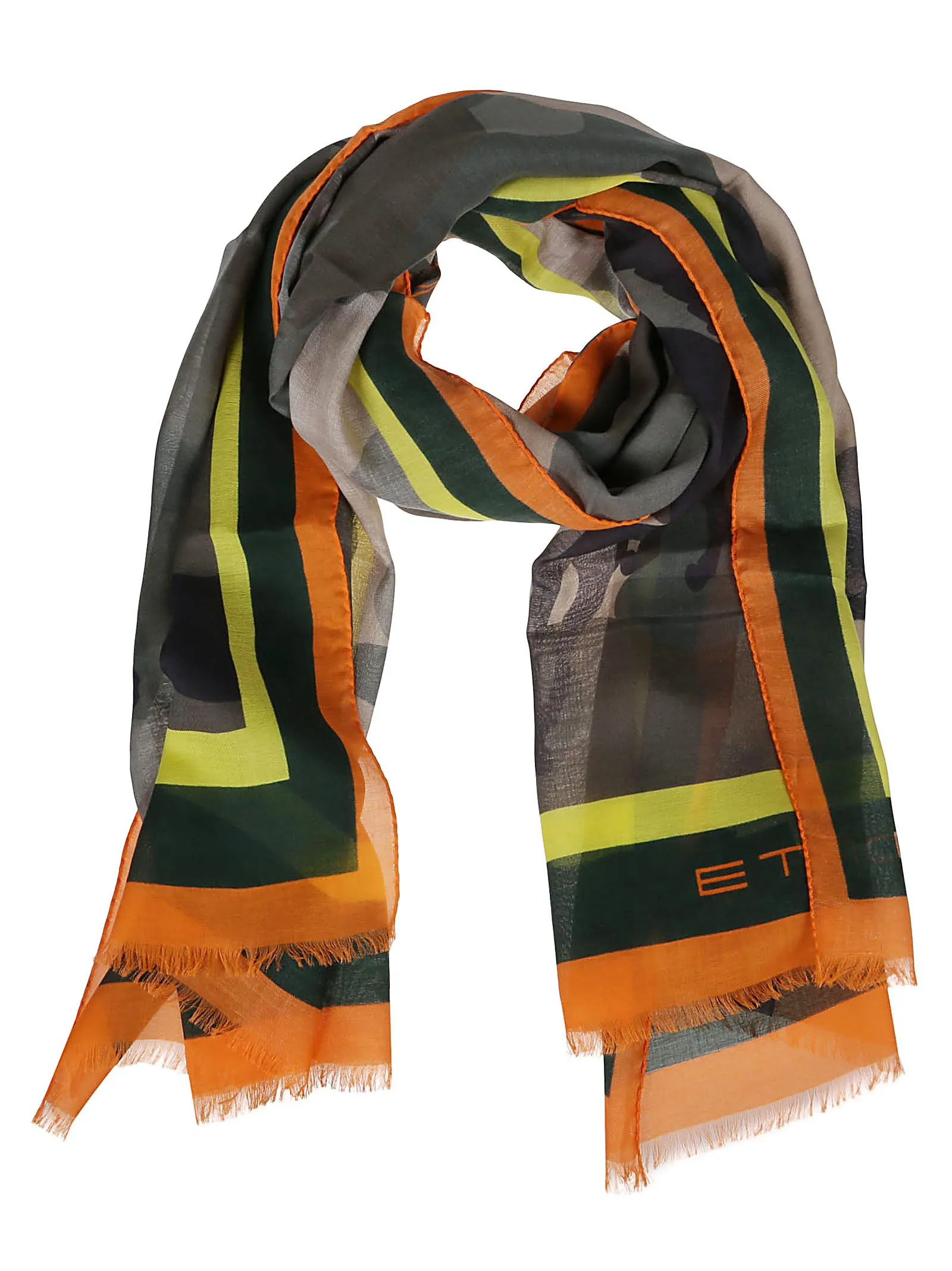 Etro Camouflage Printed Frayed Edge Scarf